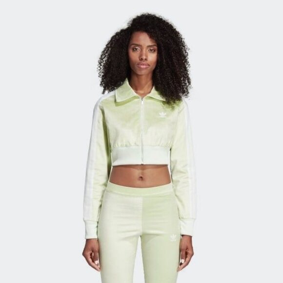 Adidas Originals Light Green Velvet Crop Zip-up Track Jacket - Size M - Picture 1 of 12